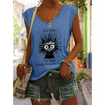 Летняя новая женская футболка с милым котом 3D Фитнес-майка на бретельках Женская мода с V-образным вырезом и коротким рукавом Футболка Женские топы Футболки Kawaii L