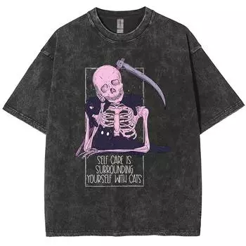Летняя новая женская футболка с принтом черепа, свободный короткий рукав, стираная джинсовая ткань, унисекс, топ для мужчин в уличном стиле S