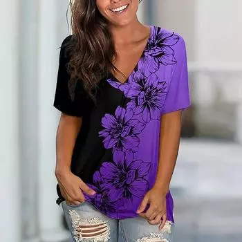 Летняя новая женская футболка с V-образным вырезом, цветочным принтом и короткими рукавами, универсальная одежда, свободная, удобная, дышащая футболка S