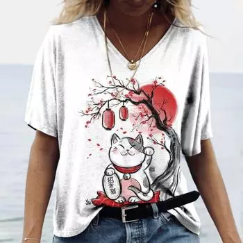 Летняя новая женская футболка с V-образным вырезом и коротким рукавом с принтом 3D Lucky Cat, повседневная, милая, универсальная одежда Harajuku Y2K, европейский размер S