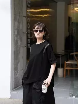 Летняя новая женская футболка свободного покроя большого размера, модная однотонная блузка, рубашка, женская, короткий рукав, нестандартные топы One Size чёрный