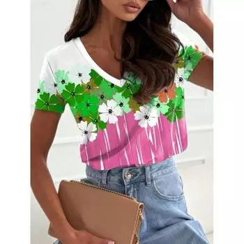 Летняя новая женская футболка Y2k женская футболка 3D цветочный принт V-образный вырез короткий рукав рубашка модная женская футболка одежда S