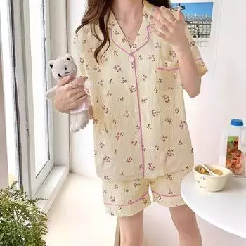 Летняя новая женская хлопковая пижама, комплект домашней одежды, милая цветочная пижама с короткими рукавами, комплект домашней одежды для девочек, студенческая домашняя одежда M