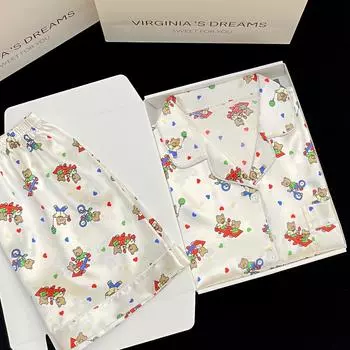 Летняя новая женская милая атласная пижама с цветочным принтом, короткий рукав + брюки, женская милая домашняя одежда, повседневная одежда M