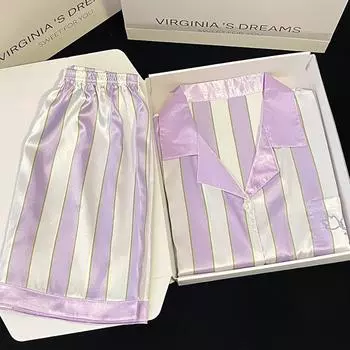 Летняя новая женская милая атласная полосатая пижамная комплект с коротким рукавом + брюки женская милая домашняя одежда повседневная одежда M