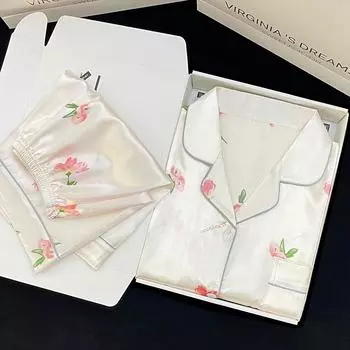 Летняя новая женская милая атласная шелковая пижама с цветочным принтом, короткий рукав + брюки, женская милая домашняя одежда, повседневная одежда M