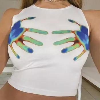 Летняя новая женская мода с принтом пальм, круглый вырез без рукавов, тонкий короткий открытый жилет на пупке S синий