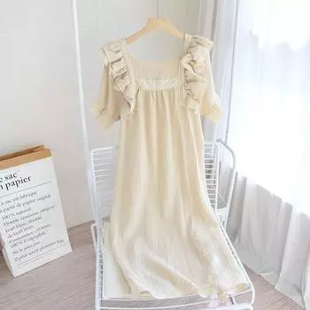 Летняя новая женская ночная рубашка из 100% хлопкового крепа с рукавами в виде листьев лотоса, длинное платье в дворцовом стиле с короткими рукавами, ночная рубашка для дома, юбка M