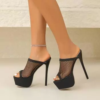 Летняя новая женская обувь 2024 года, модные женские тапочки с открытым носком и сеткой, однотонные сексуальные женские тапочки на высоком каблуке-шпильке 35 чёрный