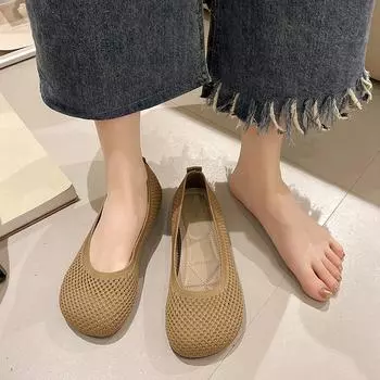 Летняя новая женская обувь большого размера, модная сетчатая выдолбленная дышащая мягкая подошва, нескользящая повседневная обувь на плоской подошве для женщин 35 бежевый