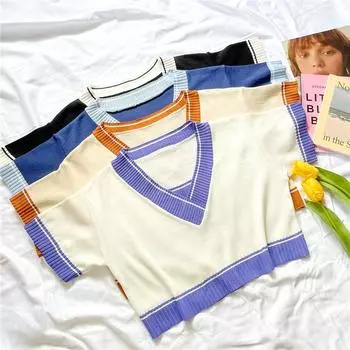 Летняя новая женская поддельная рубашка с двумя контрастными цветами, свободная, с V-образным вырезом, короткая трикотажная рубашка, футболка с короткими рукавами, топ One size