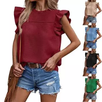 Летняя новая женская повседневная однотонная футболка с круглым вырезом и пряжкой, рукавами-оборками L чёрный