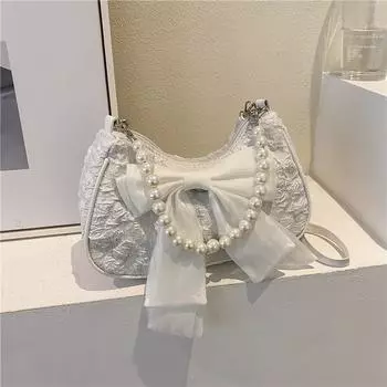 Летняя новая женская сумка с жемчугом, модная, трендовая, бант, плиссированная, женская сумка через плечо, милая, универсальная, сумка на одно плечо (20cm<Max Length<30cm)