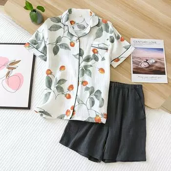 Летняя новинка 100% хлопковый креп женская пижама шорты с короткими рукавами из двух частей простая свежая и милая домашняя пижама женский комплект M