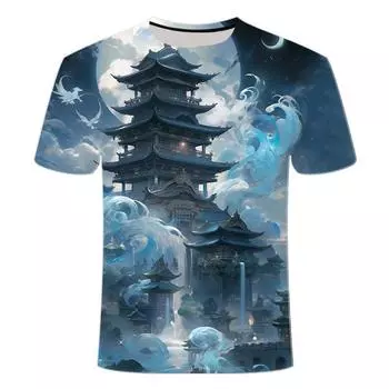 Летняя новинка 2024 года, мужская футболка с круглым вырезом с 3D-принтом, серия «Взрывной древний стиль, архитектурный пейзаж» XS