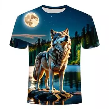 Летняя новинка 2024 года с 3D-принтом и короткими рукавами, мужская и женская футболка с круглым вырезом из серии «Одинокий волк» XS