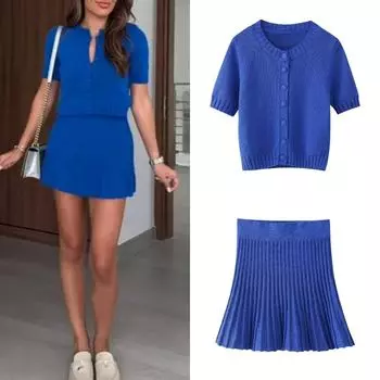 Летняя новинка 2024 года в Европе и Америке: женская куртка с круглым вырезом, короткими рукавами, бюстье с высокой талией, плиссированная трикотажная юбка S