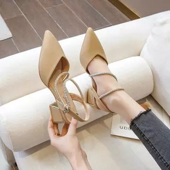 Летняя новинка 2024 года Water Diamond Straight Line с острыми высокими каблуками и босоножками на толстом каблуке 35 абрикосовый