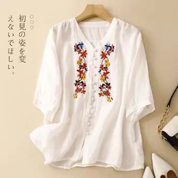 Летняя новинка 2025 года женская свободная и универсальная тонкая рубашка с V-образным вырезом и рукавами три четверти с вышивкой M белый