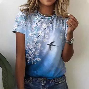 Летняя новинка 3D Цветочный цветочный принт Футболка с птицами Графические футболки Женская мода Harajuku Короткие рукава унисекс Топы Одежда Футболки S