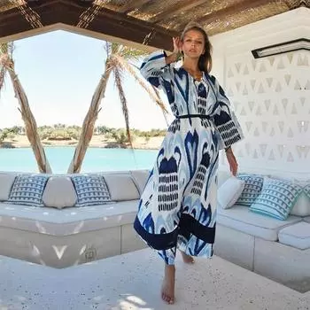 Летняя новинка, бикини, хлопковый халат, синий геометрический принт, V-образный вырез, пояс, туника, повседневное длинное платье, свободные женские пляжные купальники, прикрытие Q1345 one size синий