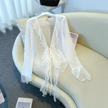 Летняя новинка больших размеров женская верхняя одежда с длинными рукавами Cardamsel с каймой в виде листьев лотоса 2XL