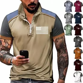 Летняя новинка для мужчин, повседневная рубашка с воротником-стойкой и короткими рукавами, подходящая по цвету, с полумолнией M шафрановый