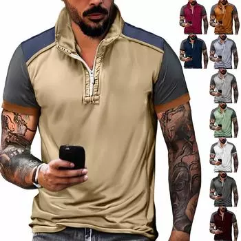 Летняя новинка для мужчин, повседневная рубашка с воротником-стойкой и короткими рукавами, подходящая по цвету, с полумолнией XXXL