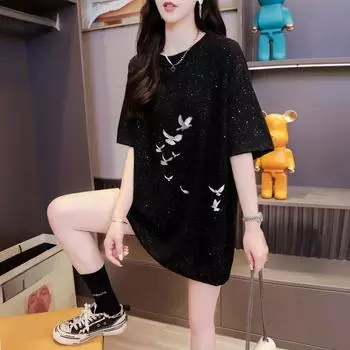 Летняя новинка для женщин Feeling Full of Stars, свободная футболка средней длины с короткими рукавами и круглым вырезом M чёрный