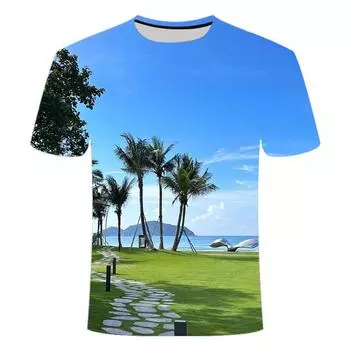 Летняя новинка, хит продаж, пляжный отдых, пейзаж, кокосовая пальма, 3D-принт, футболка, красивая и стройная, взрывная, плечо, корейский выпуск XS