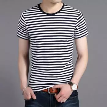 Летняя новинка, мужской свитер с круглым вырезом и короткими рукавами, приталенная мужская футболка в корейском стиле, полосатая рубашка в стиле модных мужчин M