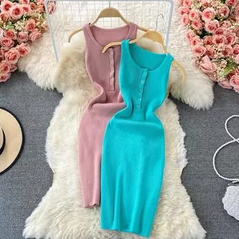 Летняя новинка, нежный французский темперамент, тонкий жилет с круглым вырезом, юбка, плотно вязаное платье на бедрах One Size чёрный