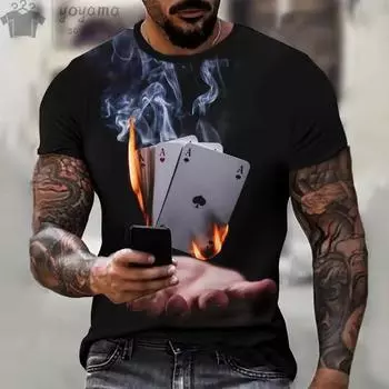 Летняя новинка Покер 3D принт Мужская одежда Уличная мода Футболка с коротким рукавом О-образным вырезом Футболка свободного покроя Повседневные топы с покерным принтом S