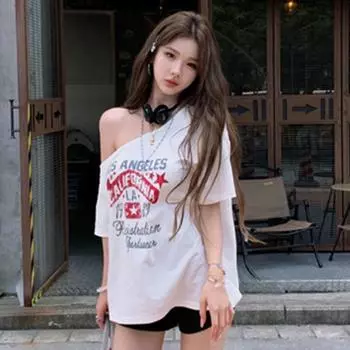 Летняя новинка Pure Desire Wind Slant Shoulder Spicy Girl Pure Cotton Футболка с короткими рукавами для женщин Свободный и тонкий универсальный дизайн Топ для женщин S белый