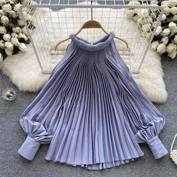 Летняя новинка, ретро, гонконгский вкус, плиссированная бретелька с подвесным воротником, женские свободные шифоновые топы нерегулярной формы