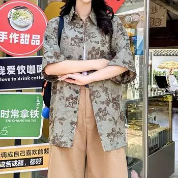 Летняя новинка, зеленая женская свободная однобортная куртка с короткими рукавами и принтом, универсальная женская рубашка в стиле ретро M