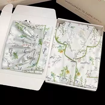 Летняя новинка, женская милая атласная шелковая пижама с цветочным принтом, короткий рукав + брюки, женская шелковая милая домашняя одежда, повседневная одежда M