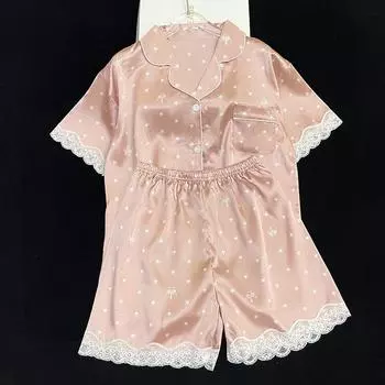 Летняя новинка, женская милая атласная шелковая пижама с цветочным принтом, короткий рукав + брюки, женская шелковая милая домашняя одежда, повседневная одежда M