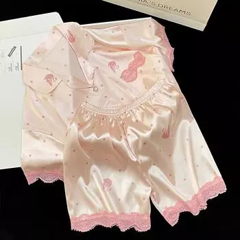 Летняя новинка, женская милая атласная шелковая пижама с цветочным принтом, короткий рукав + брюки, женская шелковая милая домашняя одежда, повседневная одежда M