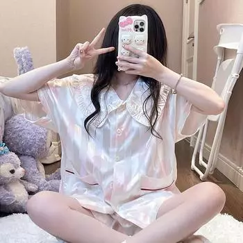 Летняя новинка, женская милая атласная шелковая пижама с цветочным принтом, короткий рукав + брюки, женская шелковая милая домашняя одежда, повседневная одежда M