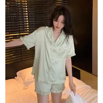 Летняя новинка, женская милая атласная шелковая пижама с цветочным принтом, короткий рукав + брюки, женская шелковая милая домашняя одежда, повседневная одежда M