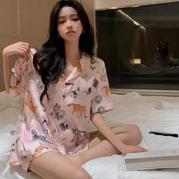 Летняя новинка, женская милая атласная шелковая пижама с цветочным принтом, короткий рукав + брюки, женская шелковая милая домашняя одежда, повседневная одежда M