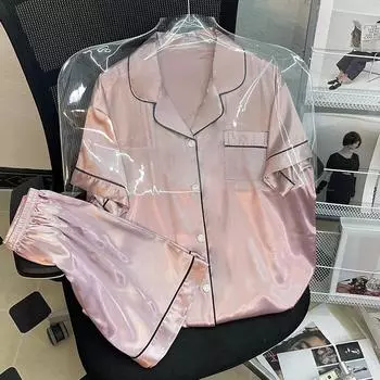 Летняя новинка, женская милая атласная шелковая пижама с цветочным принтом, короткий рукав + брюки, женская шелковая милая домашняя одежда, повседневная одежда M