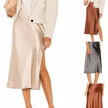 Летняя облегающая элегантная однотонная атласная повседневная длинная юбка женская элегантная свободная юбка А-силуэта с разрезом женская модная юбка с высокой талией 26562 S шампанского