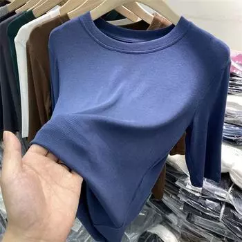 Летняя облегающая футболка с круглым вырезом для женщин, топ со средним рукавом и базовым низом M синий