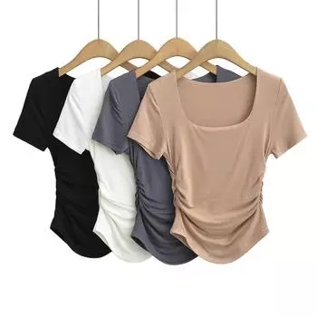 Летняя облегающая плиссированная однотонная футболка с закругленным краем, эластичная обтягивающая двухслойная футболка с квадратным вырезом и короткими рукавами для женщин S темно-серого