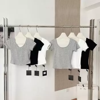 Летняя облегающая повседневная футболка с v-образным вырезом для женщин, модная свободная белая футболка с коротким рукавом, женские элегантные однотонные простые футболки для девочек Y2K 24243 S