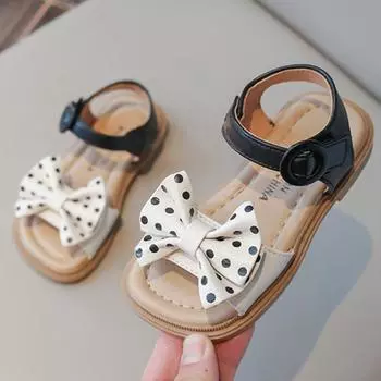 Летняя обувь для девочек, сандалии с волнистым принтом в горошек и бантом, повседневная обувь с открытым носком и мягкой подошвой, детские сандалии 23 розовый