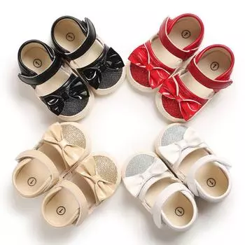 Летняя обувь для маленьких девочек, однотонная обувь с блестками и бантиками, нескользящая обувь на мягкой подошве для новорожденных, обувь для малышей, первые ходунки