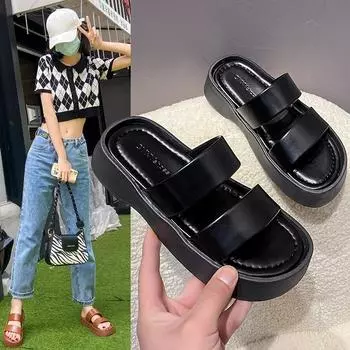 Летняя обувь для женщин 2022 года, тапочки на платформе, женские повседневные шлепанцы без застежек, женские дизайнерские туфли на плоской подошве, удобная модная пляжная обувь 35 чёрный